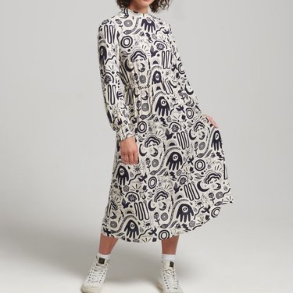 Superdry Nomad Printed MIDI Long Sleeve Dress Mystic 4 Crinkle Texture Boho